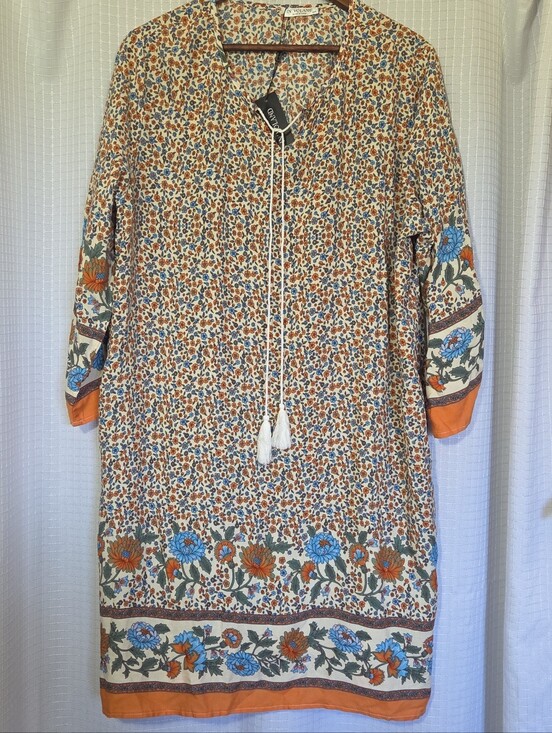 In'Voland Dresses & Skirts - In'Voland Size 18 W Boho Tunic Dress Orange Blue Floral Tassel Peasant Beachy